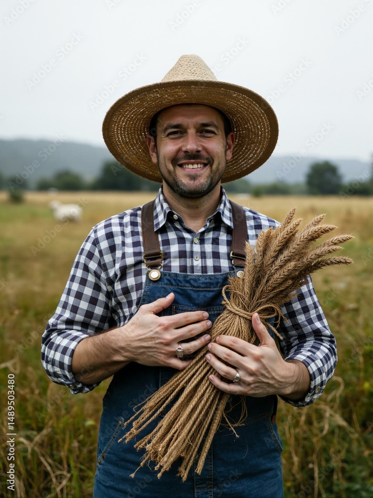 Fototapeta premium A man in overalls holding wheat.