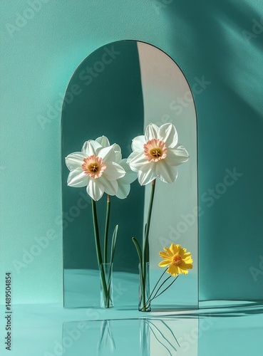 Wallpaper Mural Two white daffodil flowers reflected as one with an additional yellow flower against a curved mirror and teal background, creating an artistic floral arrangement Torontodigital.ca