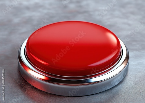 Close-up of a shiny large red button with a metallic base on a textured surface, evoking urgency and attention