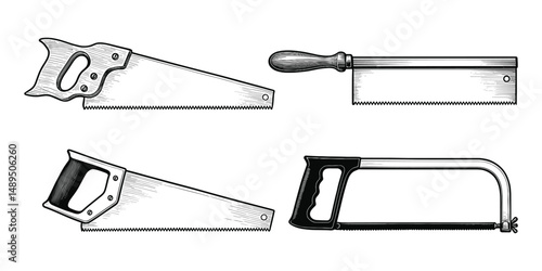 Collection of carpentry saws, including hand saws and coping saws. Hand-drawn sketch of tools.