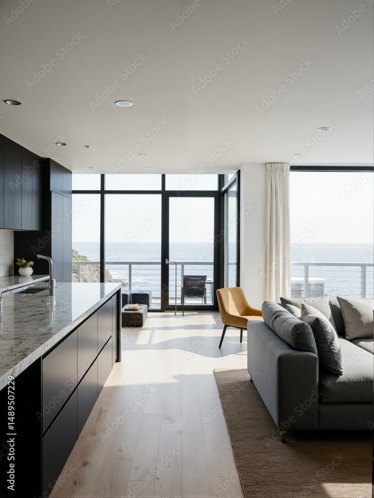 Fototapeta premium A modern living room with an ocean view.