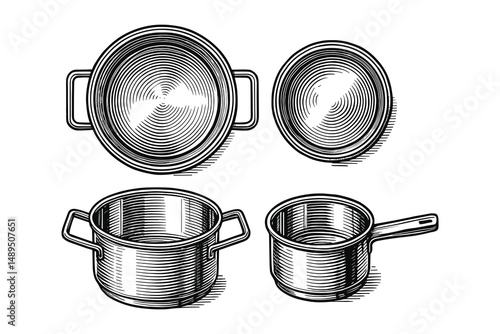 Engraving style illustration of stainless steel cooking pots and pans set collection