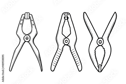 Illustration of Three Different Types of Spring Clamps on a White Background