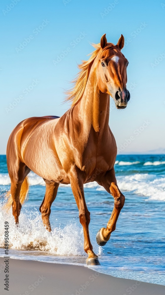Fototapeta premium Horse running on a beach with waves in the background.