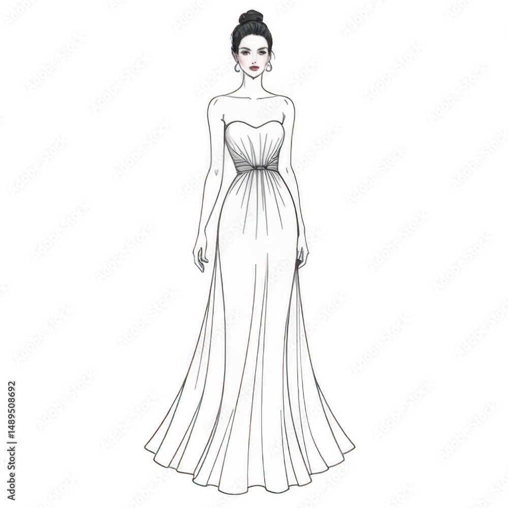 Fototapeta premium Elegant Fashion Model Illustration in a Flowing Strapless Dress