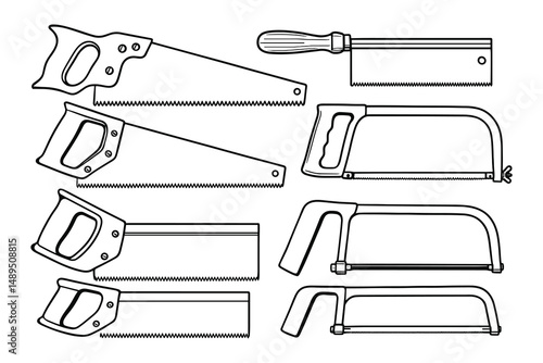Collection of Various Hand Saws: Woodworking and Metal Cutting Tools Outline Illustrations