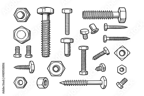 Collection of  Mechanical Fasteners: Screws, Nuts, and Bolts Detailed Illustration