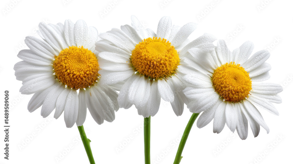 Naklejka premium Daisy Trio: A trio of delicate daisy blossoms, their bright yellow centers and pristine white petals create a serene and natural ambiance, perfectly illustrating the beauty of floral elegance.