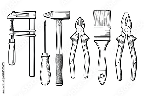 Illustration of Workshop Tools: Clamp, Screwdriver, Hammer, Cutters, Brush, and Pliers