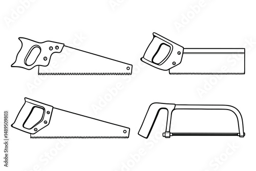 Four Types of Saw Illustrations in Black and White: Hand Saw, Back Saw, Coping Saw Tools
