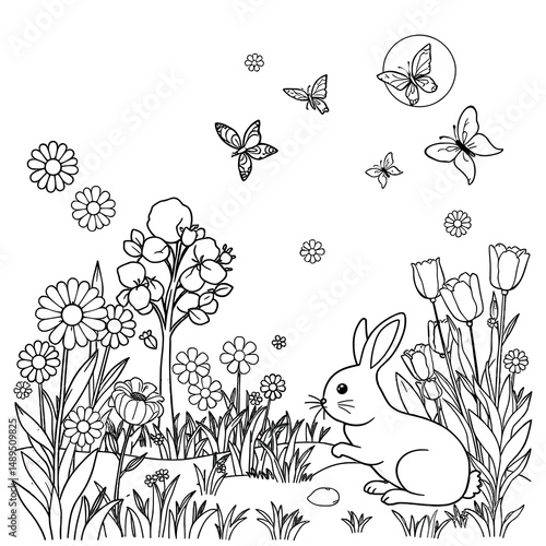 Cute rabbit and spring flowers line drawing, black and white, for Easter children's coloring page