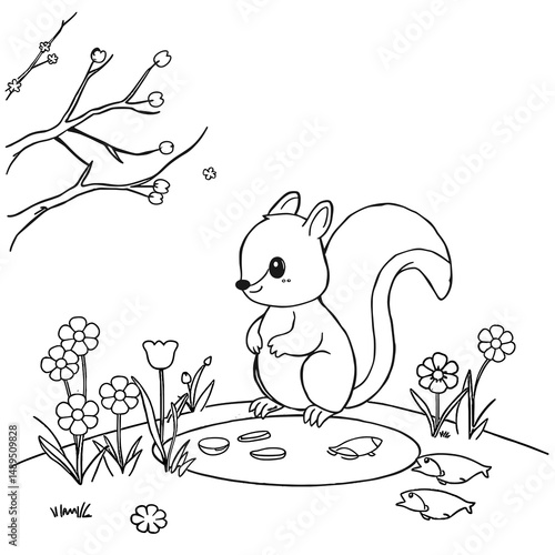Cute squirrel sweetly standing by a fish pond and flowers against a simple spring branch background