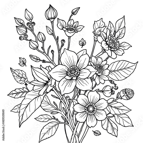 Detailed floral bouquet line drawing, black and white, for adult coloring or botanical art print