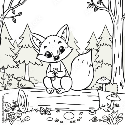 Charming young fox with a key on a fallen tree in a forest illustration