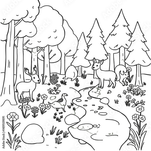 Woodland creatures and stream outline, black and white, for kids nature coloring activity