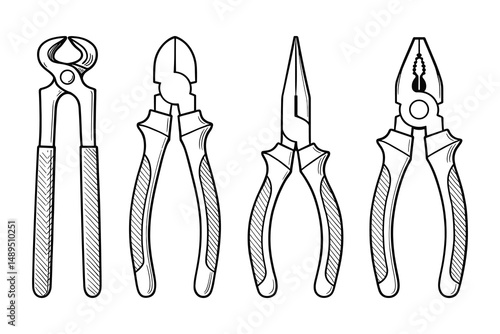 Various Pliers in Line Art Style: End Cutting, Side Cutting, Long Nose, Combination Tool