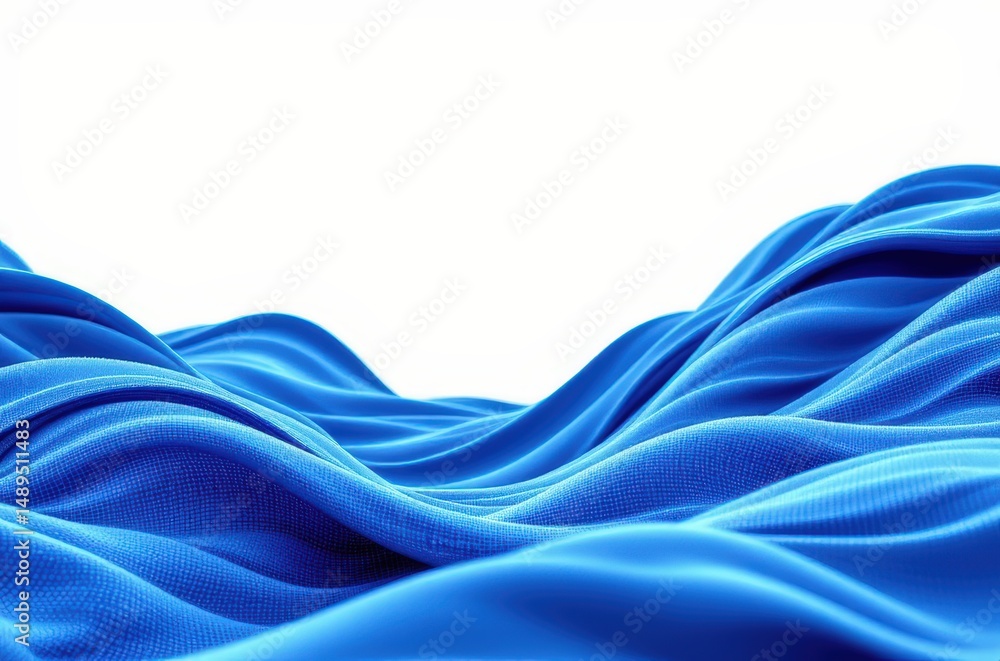 Fototapeta premium Abstract blue fabric waves create a fluid, textured landscape against a clean white background.