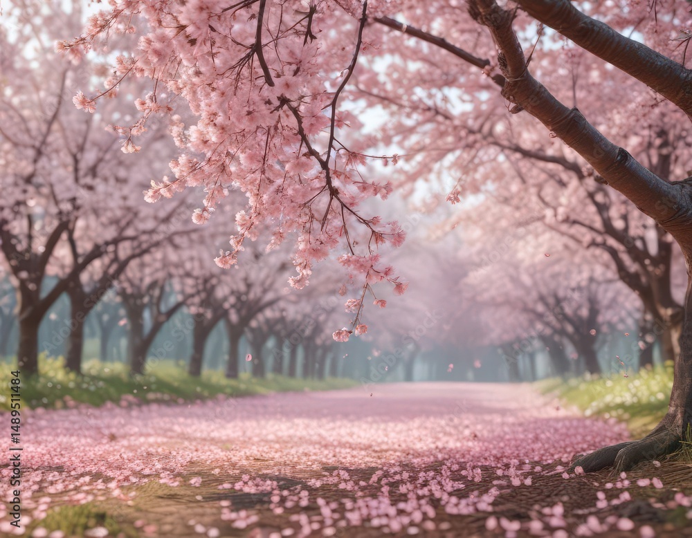 Naklejka premium Falling sakura petals, soft pink, gentle descent amidst a blurred cherry orchard , soft, bloom, soft focus