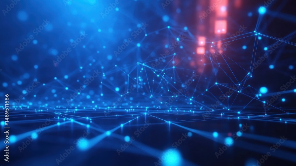 Fototapeta premium Abstract digital network with glowing blue interconnected nodes and lines against a dark background with soft floating light particles evoking technology and connectivity