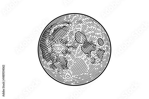 Engraving Moon Depicting Craters and Surface Detail on White Backdrop