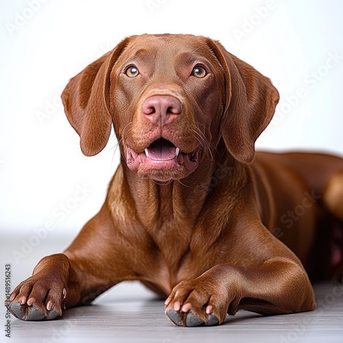Wallpaper Mural Close-up of a brown dog lying down with attentive and curious expression on a light background Torontodigital.ca
