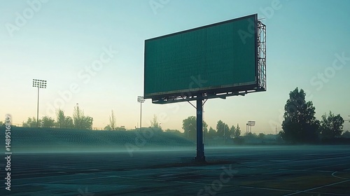 A large, blank billboard stands alone in a misty, empty field at dawn, with distant stadium lights visible in the background