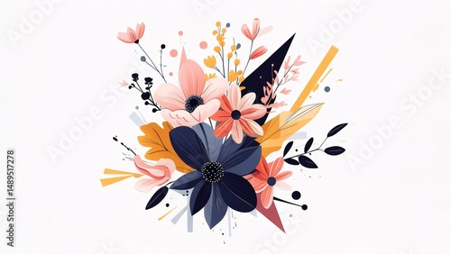 Vibrant Floral Bouquet Illustration  Peach, Pink, and Navy Blue Flowers