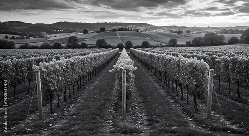 Majestic Vineyard Landscape in Black and White, High Quality View