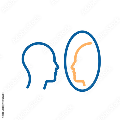 Self reflection icon. Vector thin line illustration with editable stroke representing self-awareness, identity, introspection and personal growth. Person looking into mirror