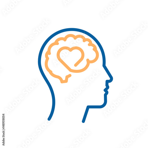 Mental health with compassion icon. Vector thin line illustration with editable stroke showing emotional intelligence, empathy and psychological balance. Head with brain and heart
