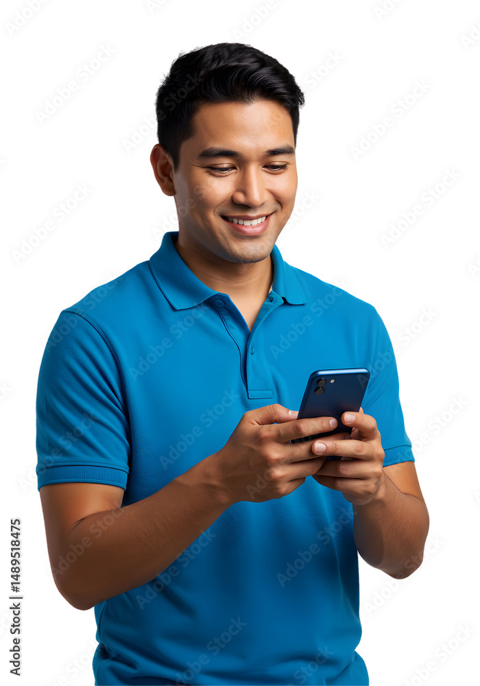 Man Using Mobile Phone Smiling and Wearing Blue Polo Shirt Man Using Mobile Phone Smiling and Wearing Blue Polo Shirt