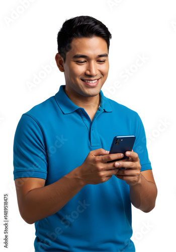 Man Using Mobile Phone Smiling and Wearing Blue Polo Shirt