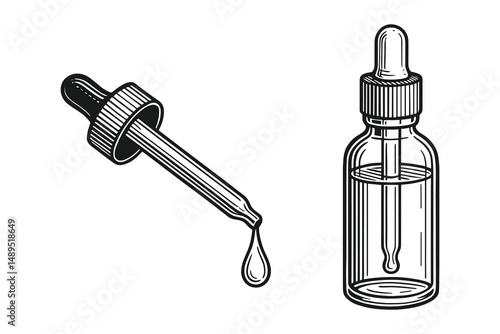 Dropper and liquid container illustration. Essential oil.  Medicine tincture concept
