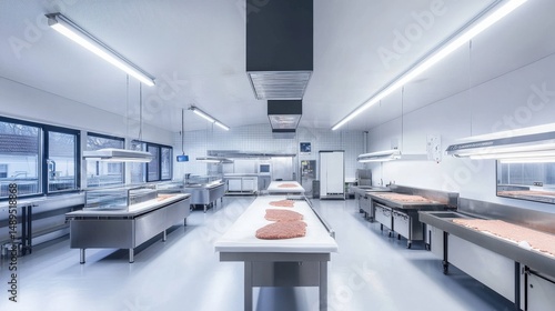 Modern kitchen interior showcasing meat preparation with clean surfaces and bright lighting