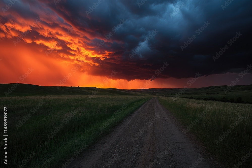 Fototapeta premium Dramatic sunset over a country road. Storm clouds loom