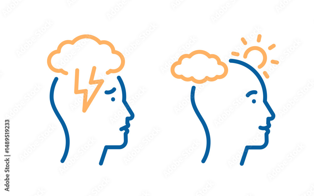 Mood and mental state icon. Vector thin line illustration showing emotional wellness, mental clarity, stress and happiness concepts. Sad and Happy with storm clouds and sun above head. Mood and mental state icon. Vector thin line illustration showing emotional wellness, mental clarity, stress and happiness concepts. Sad and Happy with storm clouds and sun above head.