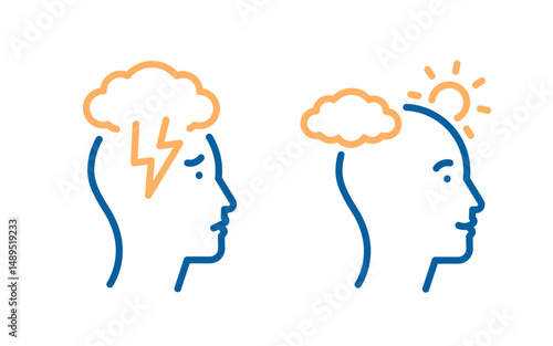 Mood and mental state icon. Vector thin line illustration showing emotional wellness, mental clarity, stress and happiness concepts. Sad and Happy with storm clouds and sun above head.