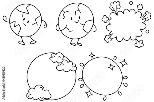 Cute cartoon characters represent Earth various playful poses, showcasing joyful and vibrant atmosphere. illustrations