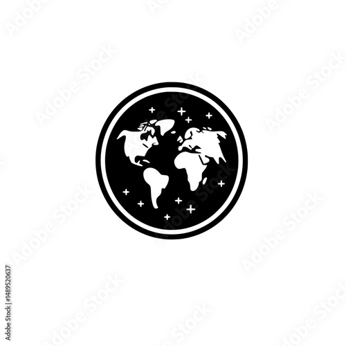 Flat earth globe icon with black continents for geography, global studies, and environmental visuals