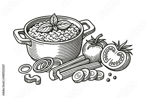 Vegetable stew illustration with tomato and basil leaves