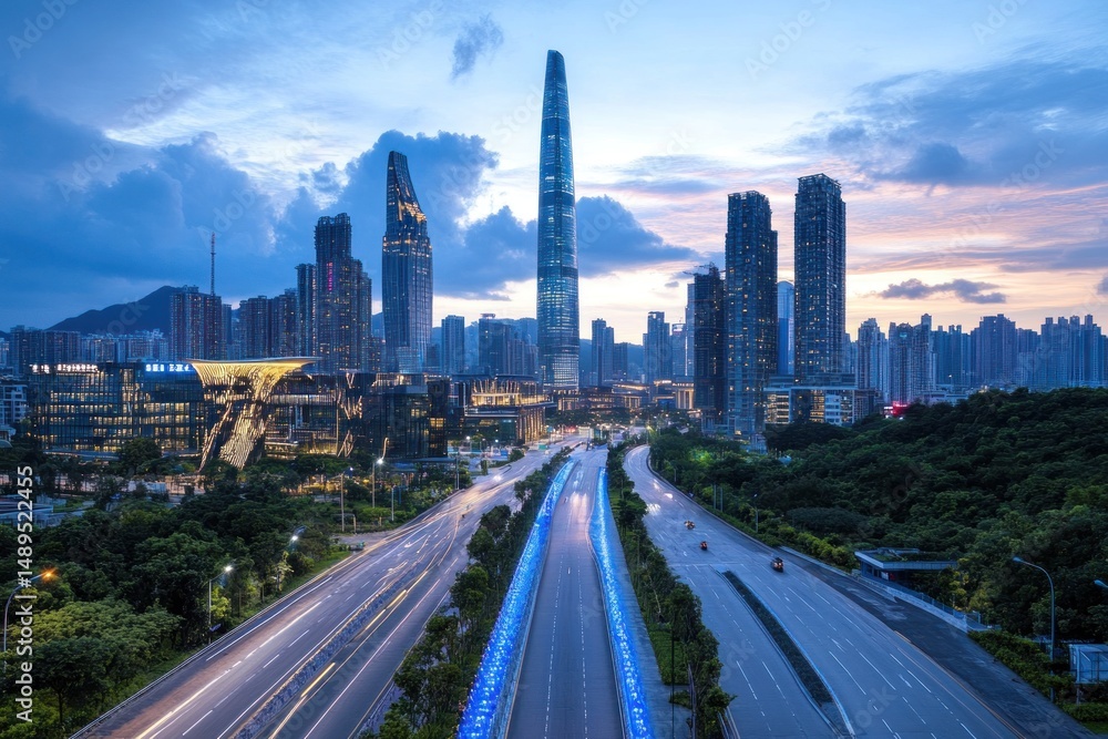 Fototapeta premium Guangzhou Skyline Dusk: Cityscape and Highway