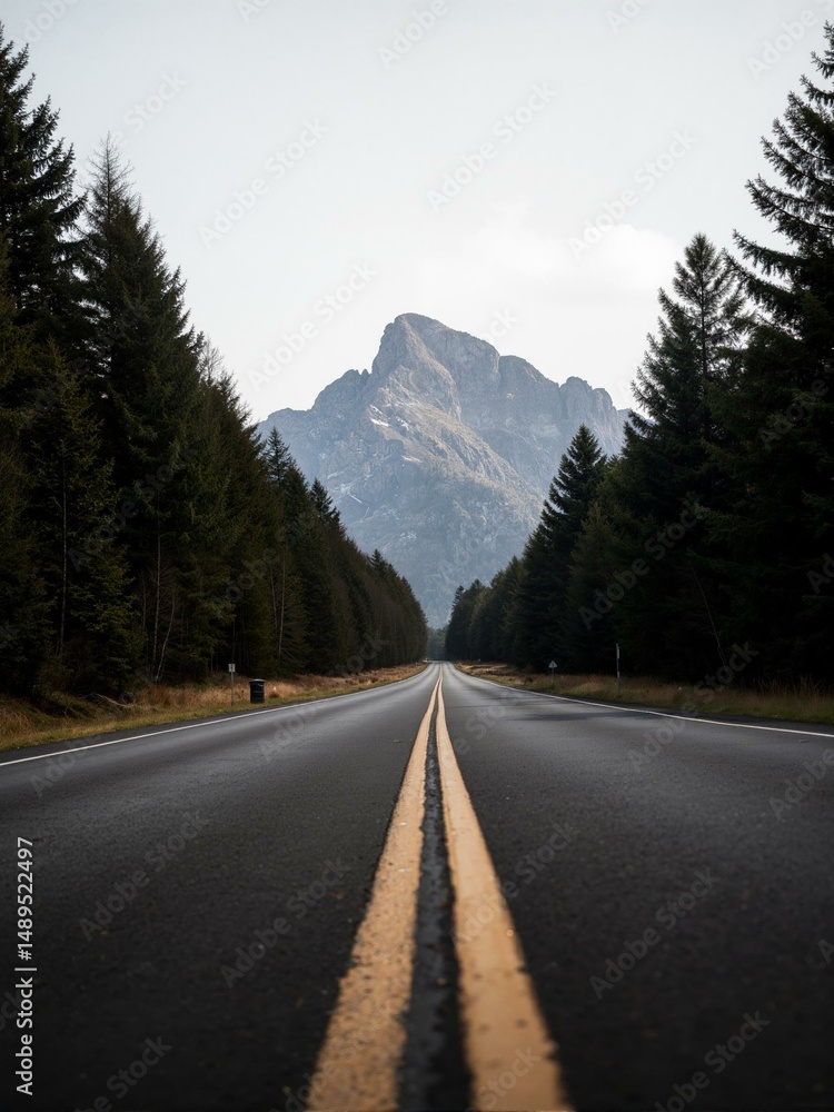 Fototapeta premium A road with lines in the middle and trees on both sides.