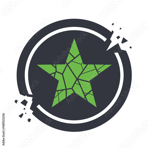 Abstract green star icon with cracked surface in circular design  