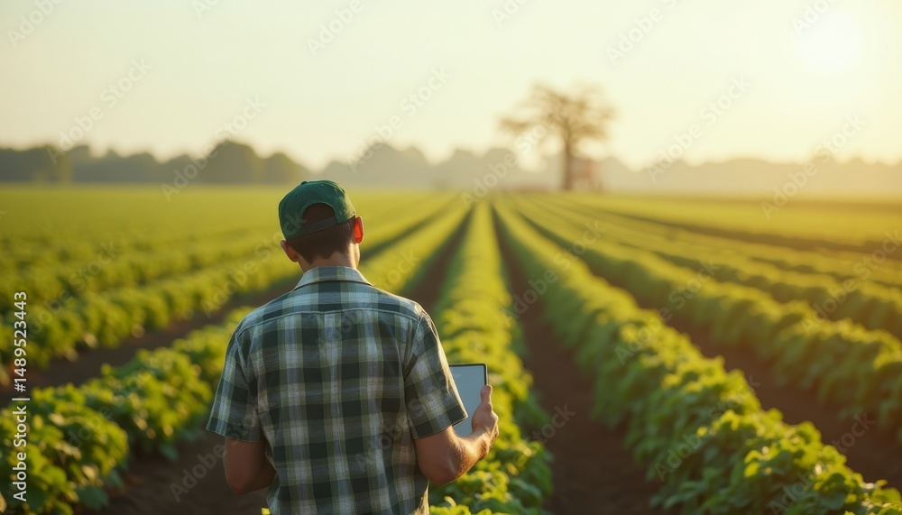 Fototapeta premium Farmer Using Smartphone in Green Farm Field
