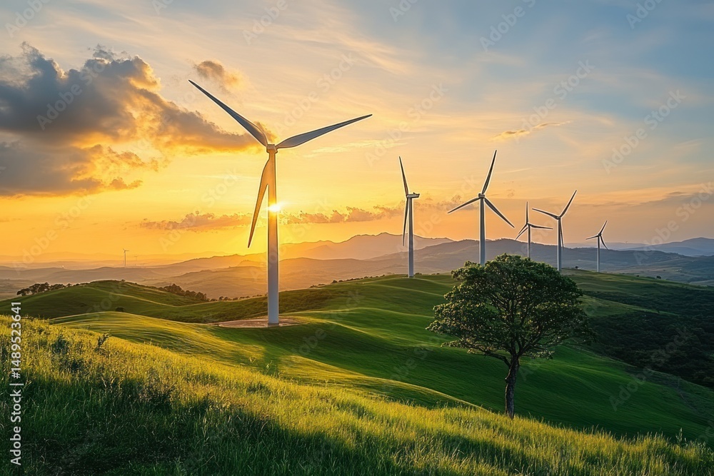 Sunset over green rolling hills with multiple large wind turbines and a solitary tree, peaceful and sustainable energy landscape Sunset over green rolling hills with multiple large wind turbines and a solitary tree, peaceful and sustainable energy landscape