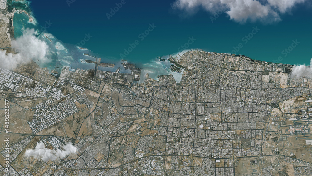 Naklejka premium Jeddah Satellite City Map Aerial View with Cloud Overlay, No Labels