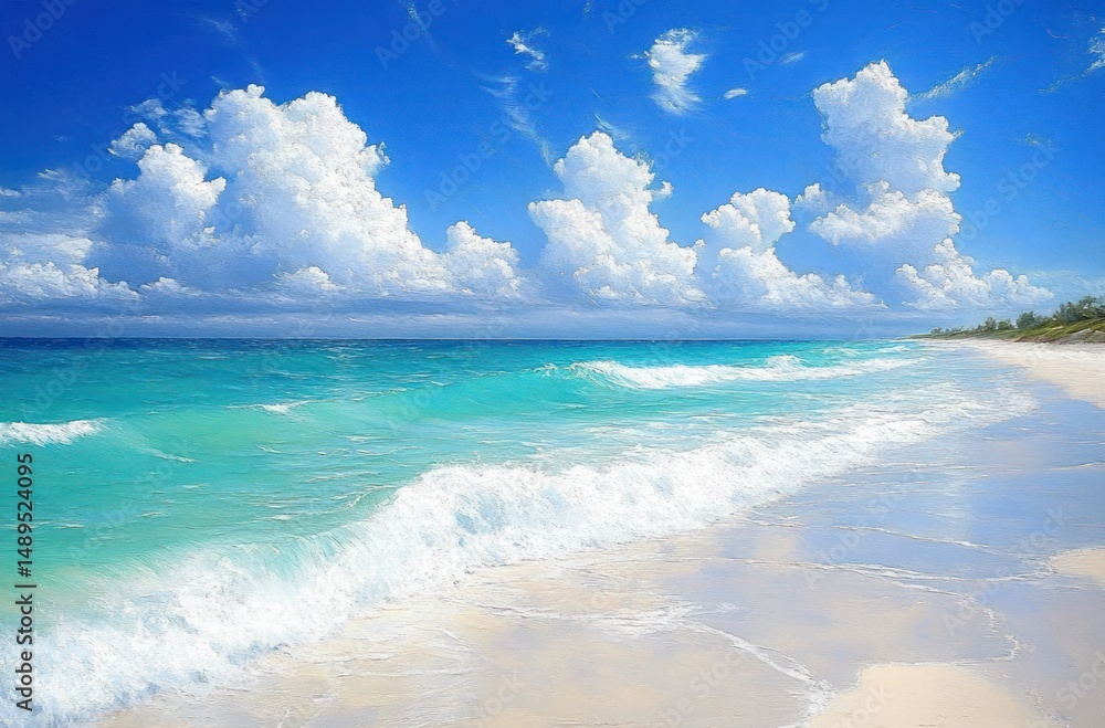 Obraz premium Sunny day at a pristine beach with turquoise waves gently crashing onto white sandy shore under a vibrant blue sky with fluffy white clouds