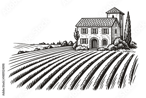 Charming Country Villa Surrounded by Cultivated Fields Illustration