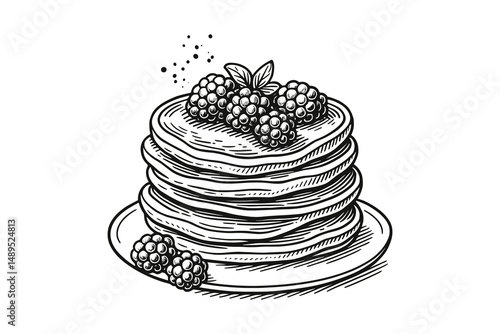 Delicious Stack of Pancakes Topped with Fresh Blackberries, Mint on a Plate Drawing