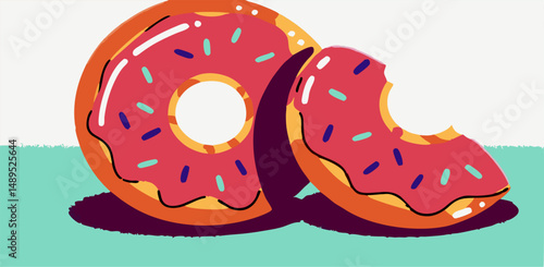 Pink Sprinkled Donut Illustration, Partially Eaten